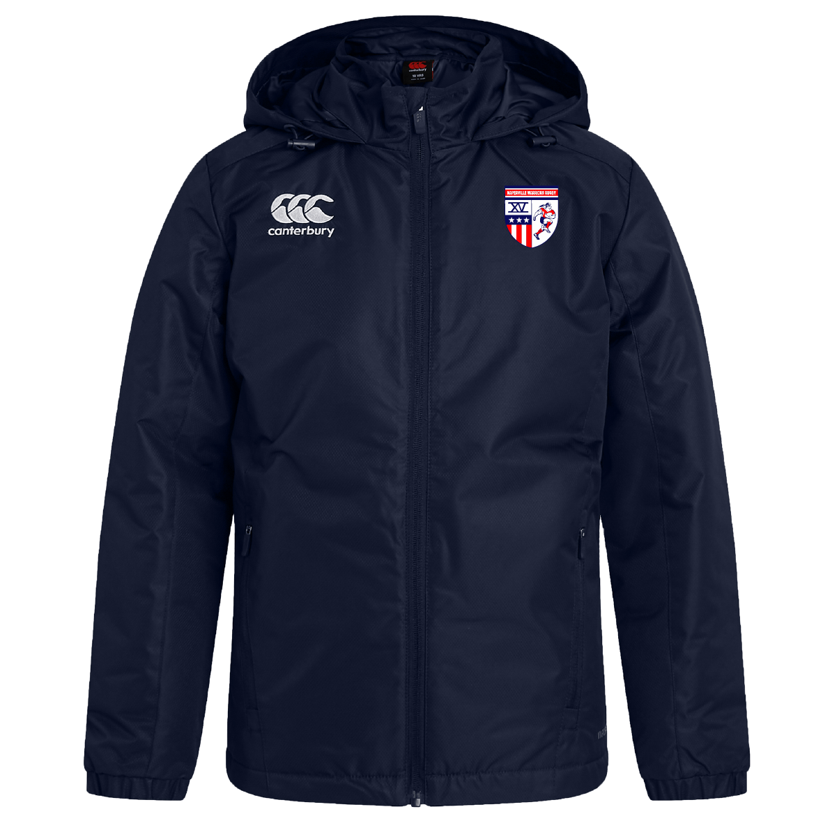 The Naperville Warriors Club Vaposhield Full Zip Rain Jacket by EMB Canterbury features a navy hood, Canterbury logo on the right chest, shield badge on the left, and VapoShield Technology for water resistance.