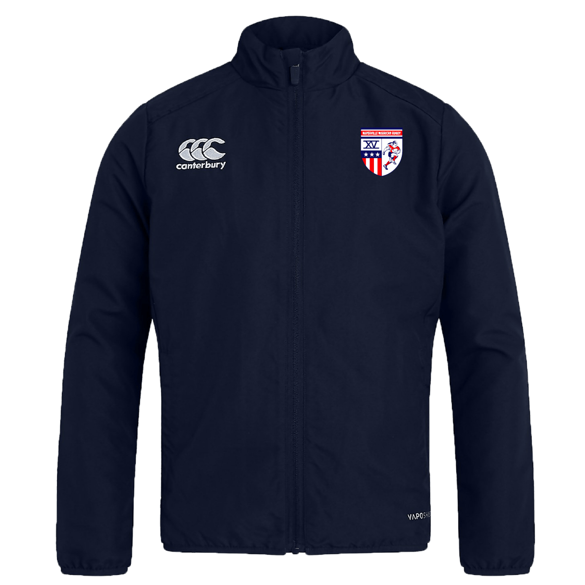 The Naperville Warriors Club Track Jacket by EMB Canterbury is a lightweight navy jacket with a front zipper, club crest on the left chest, and Canterbury logo on the right. Quick drying for all your training needs.