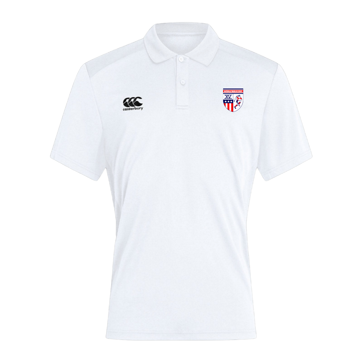 The EMB Canterbury Naperville Warriors Waimak Polo is a white short-sleeve polo with a collar, made from a cotton-polyester blend, featuring the Canterbury logo on the right chest and a red, white, and blue crest on the left.