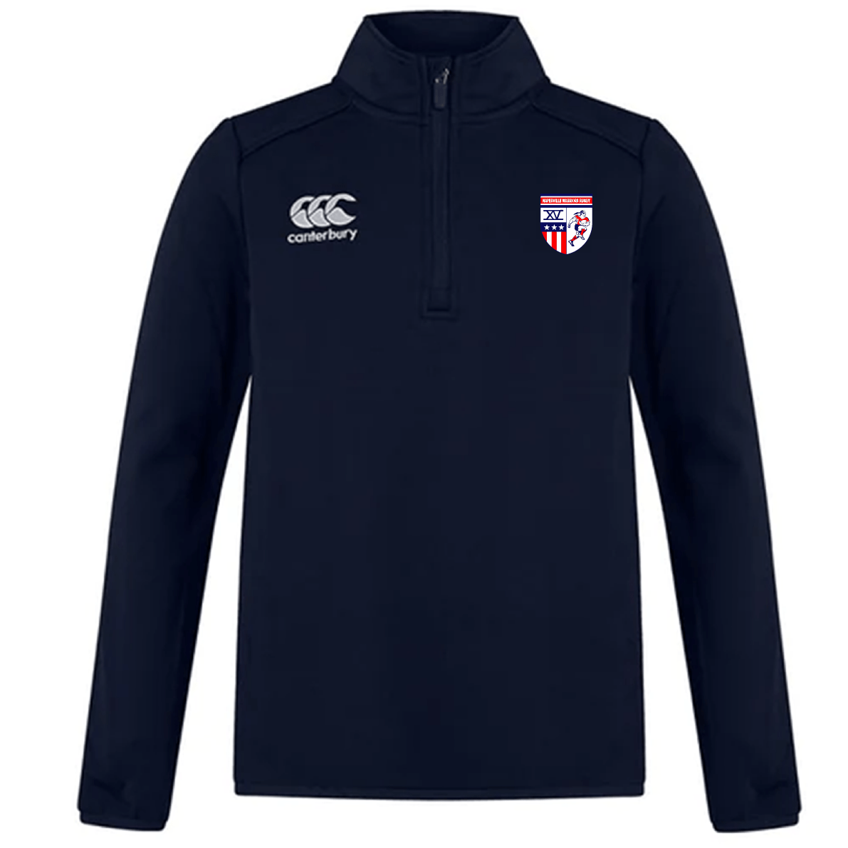 The Naperville Warriors Club 1/4 Zip Mid Layer Training Top by EMB Canterbury is a navy long-sleeve pullover with a white Canterbury logo on the right chest and a red, white, and blue shield on the left—ideal for rugby training.