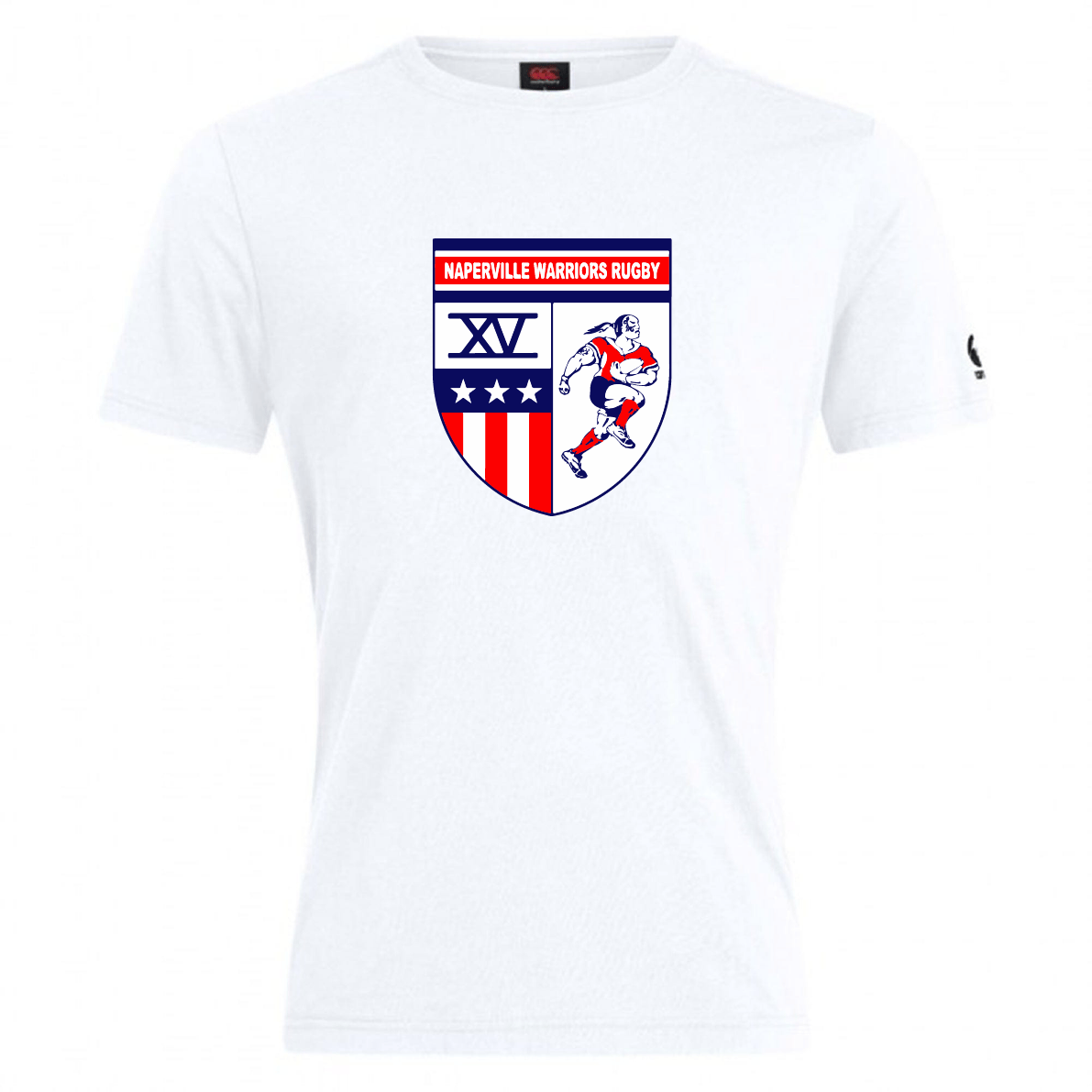 The Naperville Warriors Club Plain Tee by Canterbury features a bold crest with stars, stripes, Roman numeral XV, and a rugby player in red, white, and blue on premium cotton blend. Customization available. Brand: WRS Canterbury.