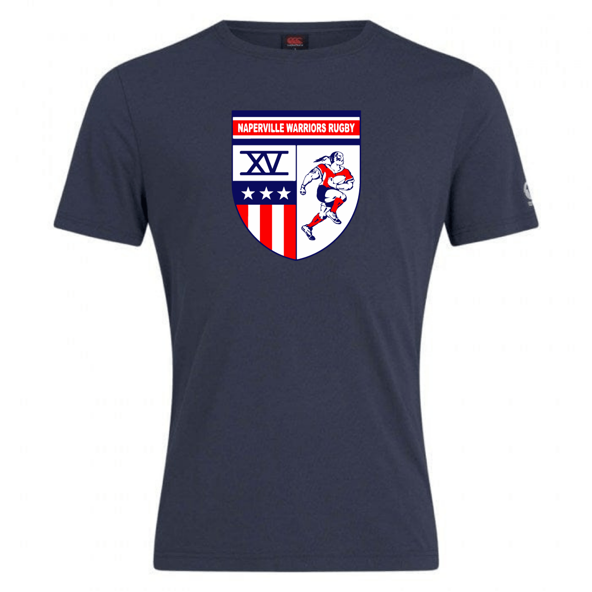 The Naperville Warriors Club Plain Tee by Canterbury (WRS Canterbury) is a navy blue cotton-heavy shirt featuring a "Naperville Warriors Rugby" crest with a rugby player, XV in Roman numerals, three stars, red stripes, and customization options.