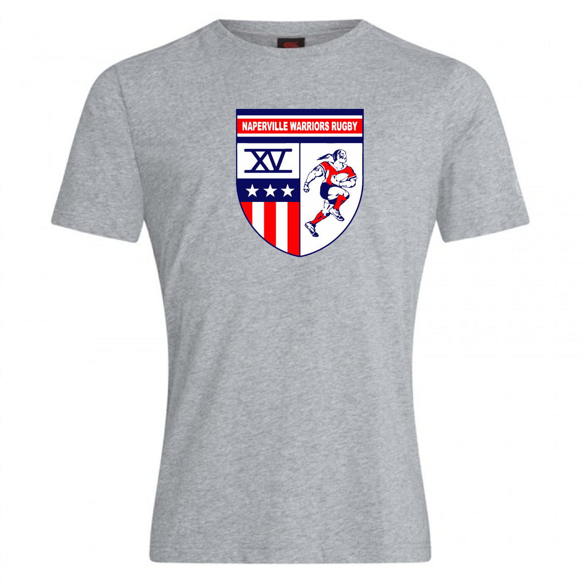The Naperville Warriors Club Plain Tee by Canterbury is a grey WRS Canterbury shirt with a crest featuring a rugby player, stars, stripes, and Roman numeral XV. Made from a cotton-heavy blend for comfort. Customization options available.