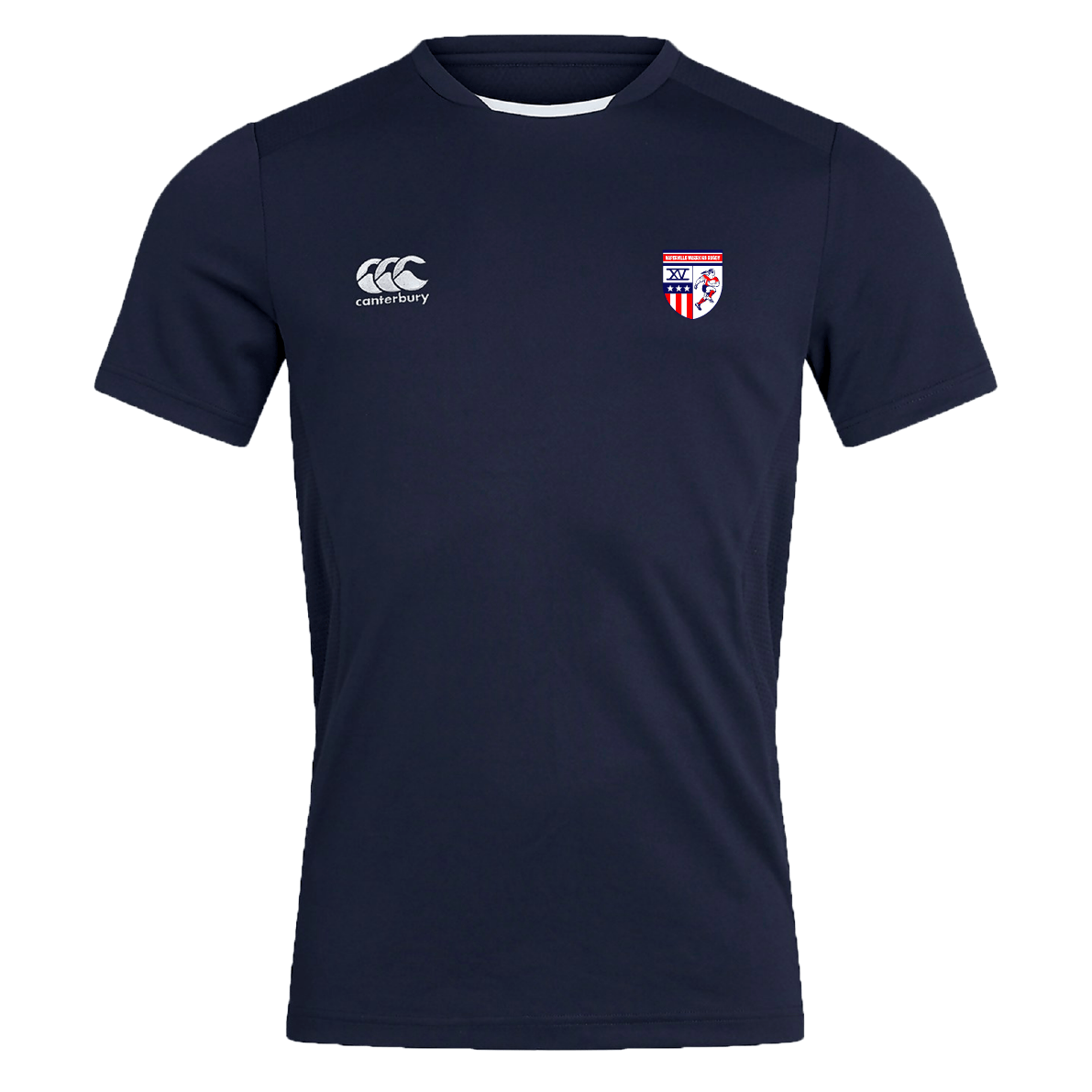 The Naperville Warriors Club Dry Tee by EMB Canterbury is a navy short-sleeve sports shirt with a Canterbury logo on the right chest and a red, white, and blue shield badge. It features Vapodri Technology for breathable comfort in any activity.