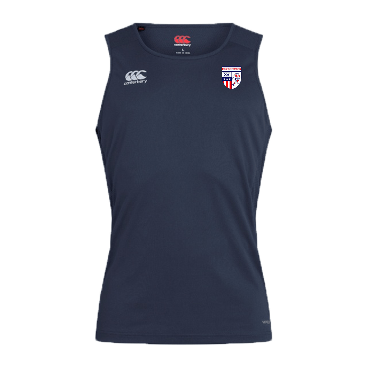The Naperville Warriors Club Dry Singlet by EMB Canterbury is a sleeveless navy sports top with Vapodri Technology, a white Canterbury logo on the right chest, and a red, white, and blue crest on the left—ideal for high-performance training.