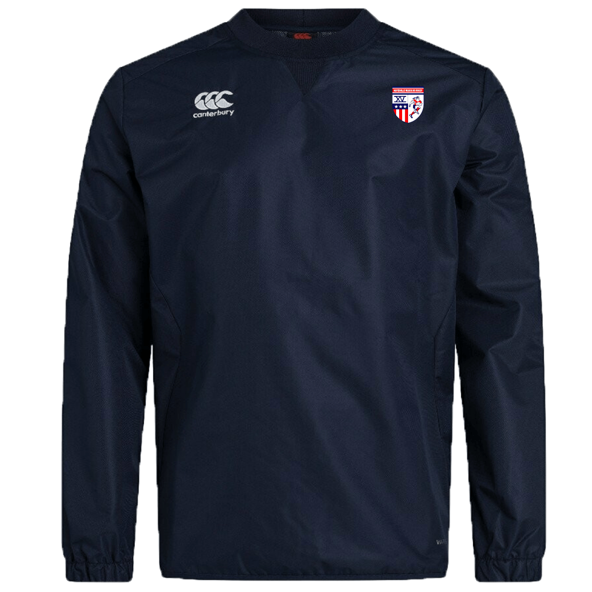 The Naperville Warriors Club Vaposhield Contact Top by Canterbury is a navy long-sleeve top with Vaposhield tech, EMB Canterbury logo on the right chest, and a red, white, and blue sports crest on the left chest.