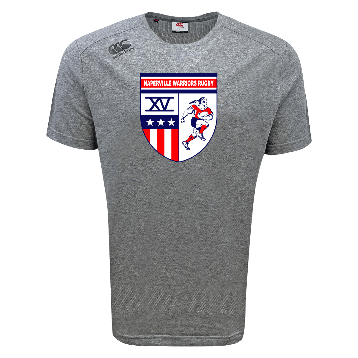 The Naperville Warriors Tempo Vapodri T-Shirt by WRS Canterbury features a "Naperville Warriors Rugby" crest, rugby player graphic, Roman numeral XV, and red, white, and blue accents. Moisture-wicking fabric ensures all-day comfort.