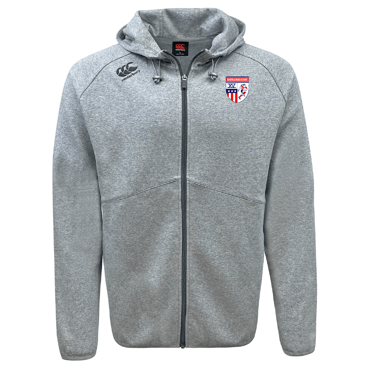The Naperville Warriors Tempo Vapodri Full-Zip Hoodie by EMB Canterbury features a light gray color, black Canterbury logo on the right chest, USA shield emblem on the left, and VapoDri fabric for moisture-wicking comfort.