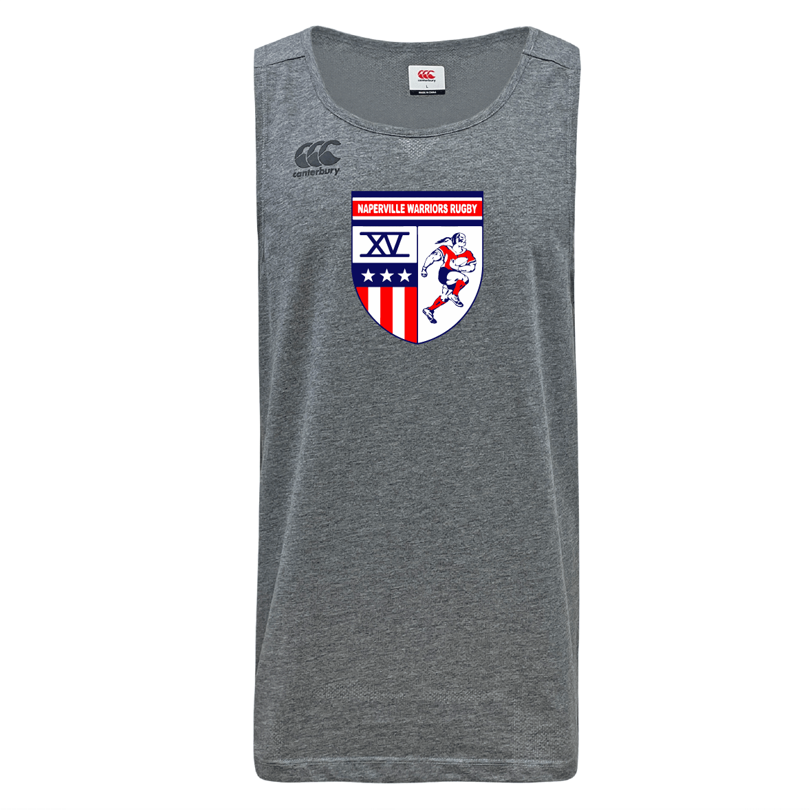 The Naperville Warriors Tempo Vapodri Singlet by WRS Canterbury is a gray, sleeveless top made from recycled polyester, featuring a "Naperville Warriors Rugby" logo with a rugby player and shield on the chest.