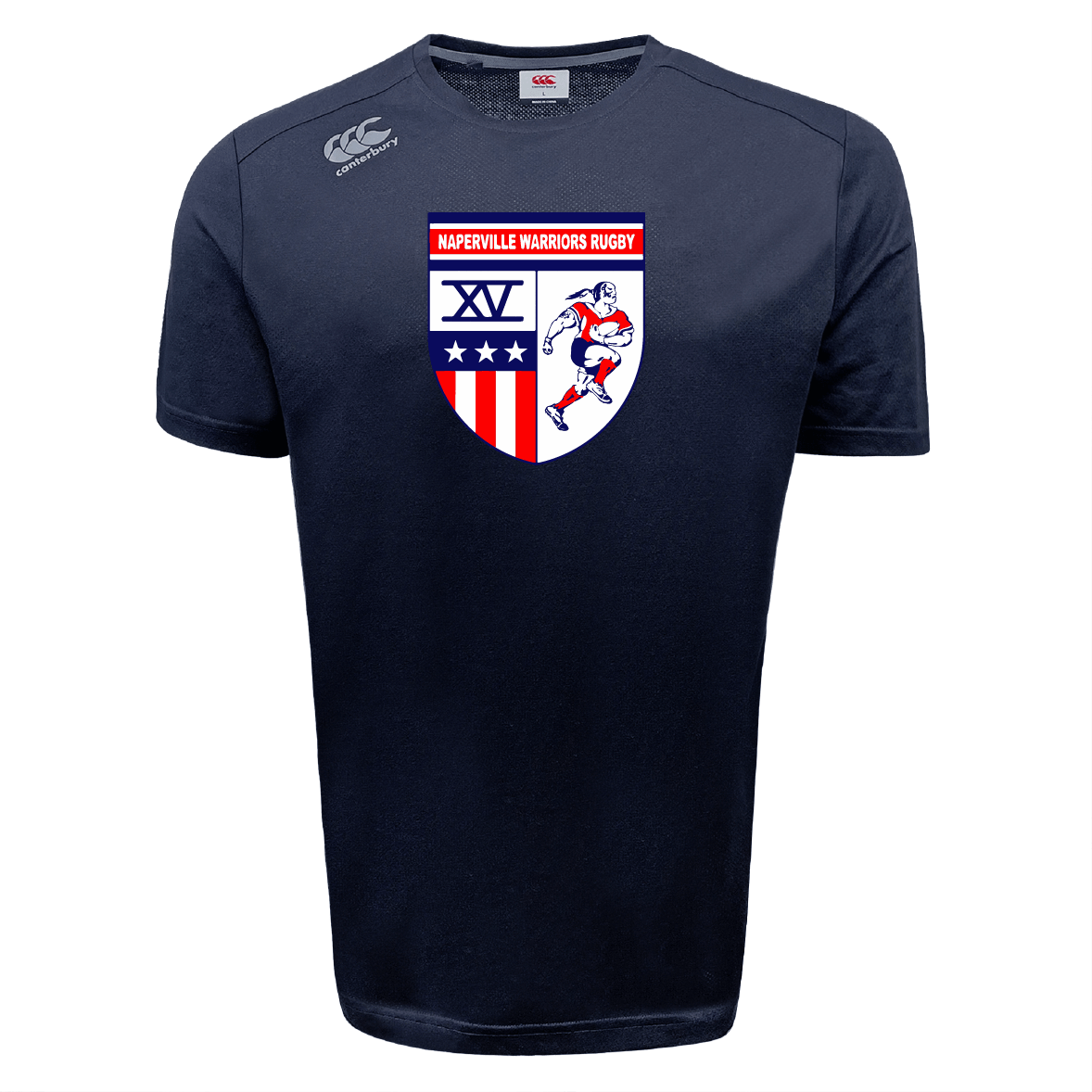 The Naperville Warriors Tempo Vapodri T-Shirt by WRS Canterbury features a crest with a rugby player, stars, and stripes. Made with moisture-wicking VapoDri tech for comfort on and off the field.