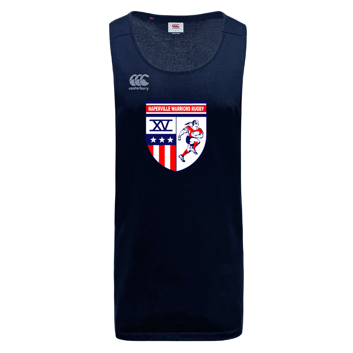The Naperville Warriors Tempo Vapodri Singlet by WRS Canterbury features the team logo, XV on the chest, Canterbury branding on the right shoulder, and is made from recycled polyester with VapoDri technology for superior comfort.