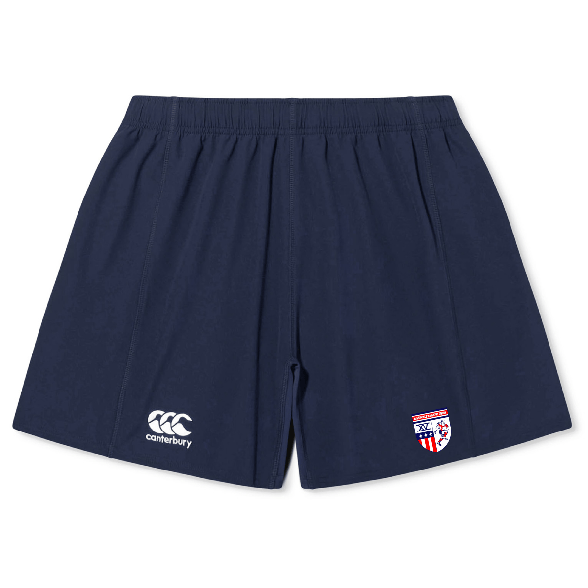 The Naperville Warriors Yokohama Short by EMB Canterbury is a navy blue rugby short with an elastic waistband, featuring a Canterbury logo on the left leg and a crest with red, white, and blue details on the right.