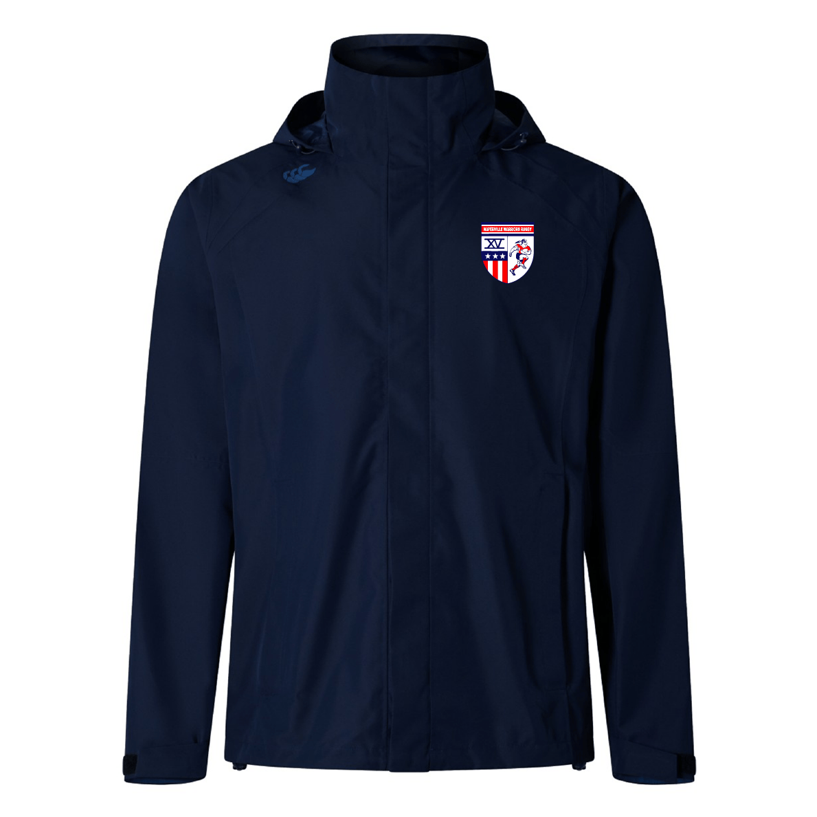 The Naperville Warriors Elite Storm Jacket by EMB Canterbury is a navy Vaposhield performance hoodie featuring a crest on the left chest and a small logo on the right shoulder, shown against a plain white background.