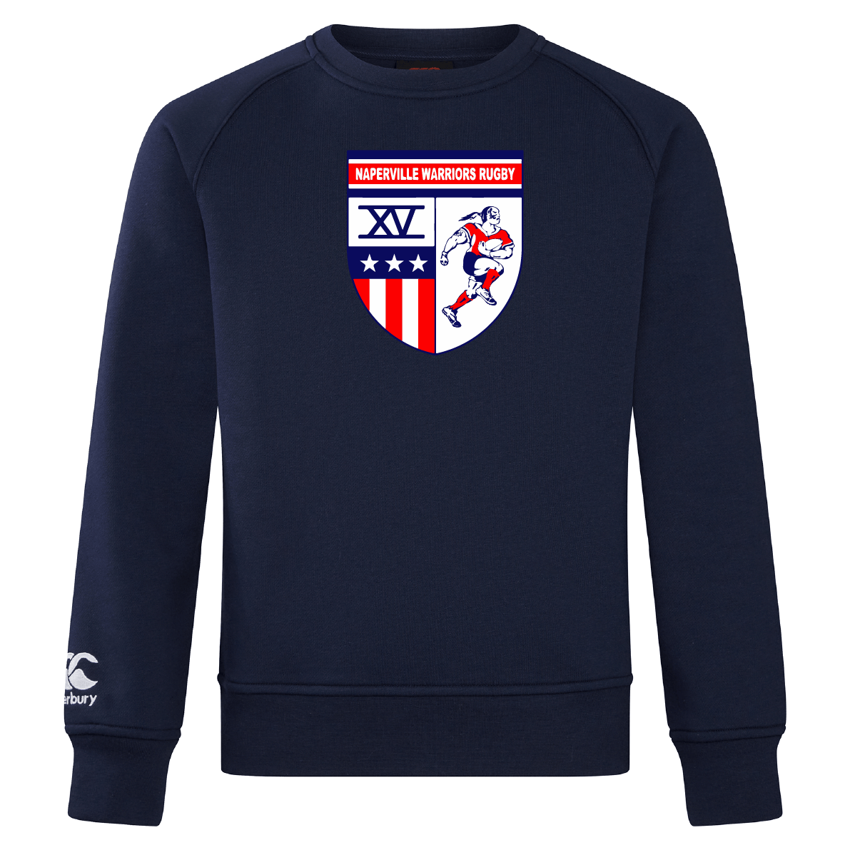 Show your team pride in comfort with the Naperville Warriors Club Crew Sweatshirt by WRS Canterbury, featuring a "Naperville Warriors Rugby" crest and an embroidered CCC logo on the left sleeve.