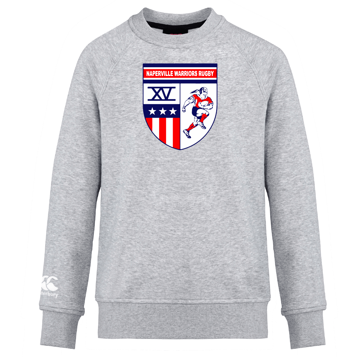 The Naperville Warriors Club Crew Sweatshirt by Canterbury features a "Naperville Warriors Rugby" crest with stars, stripes, XV numerals, a rugby player graphic, and an embroidered CCC logo on the front. Brand: WRS Canterbury.