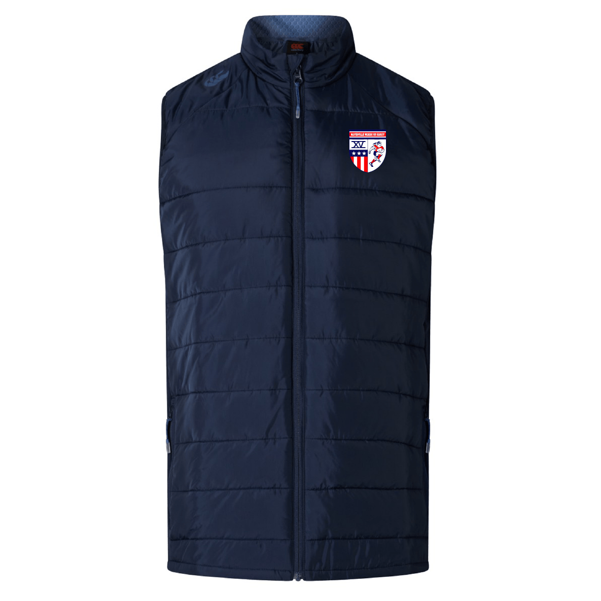 The EMB Canterbury Naperville Warriors Elite Microlite Gilet features a navy quilted design with insulated baffles, a front zipper, and the team crest on the left chest.