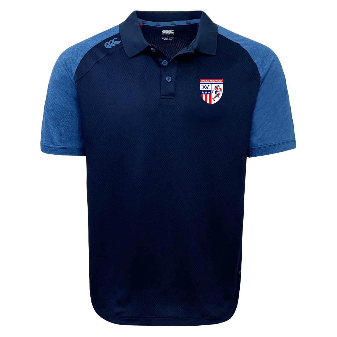 The Naperville Warriors Elite Polo by EMB Canterbury features a navy blue lightweight design, lighter blue sleeves, a 3-button collar, and a red, white, and blue crest on the left chest.