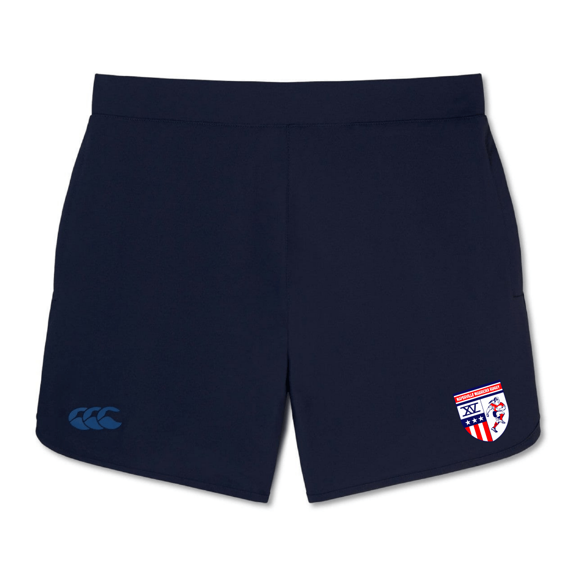 The Naperville Warriors Elite Woven Short by EMB Canterbury features a white, red, and blue crest on the right leg and a blue logo on the left—perfect for elevating your training experience.