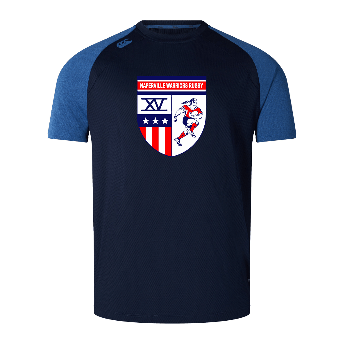 The Naperville Warriors Elite Training Tee by WRS Canterbury is a navy rugby top with blue sleeves, made from Vapodri fabric. It features a crest with "Naperville Warriors Rugby," stars, stripes, XV, and a rugby player graphic.