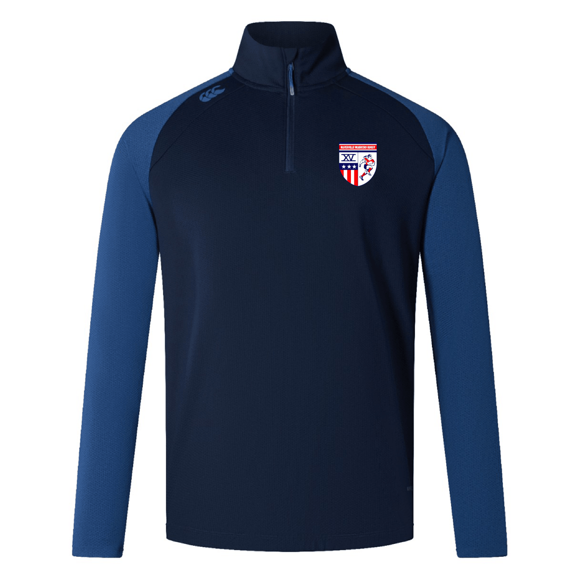 The Naperville Warriors Elite First Layer by EMB Canterbury is a navy quarter-zip pullover with blue sleeves, a crest on the left chest, and a small logo on the right shoulder—perfect training attire.