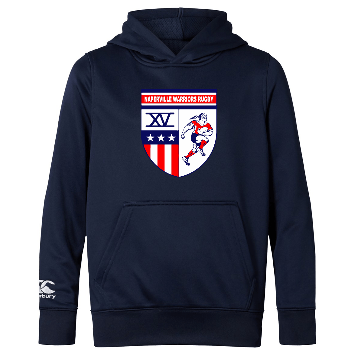 The Naperville Warriors Club Lightweight Hoodie by Canterbury features the rugby team logo with a player, stars, stripes, "XV" on the chest, and an authentic WRS Canterbury logo.
