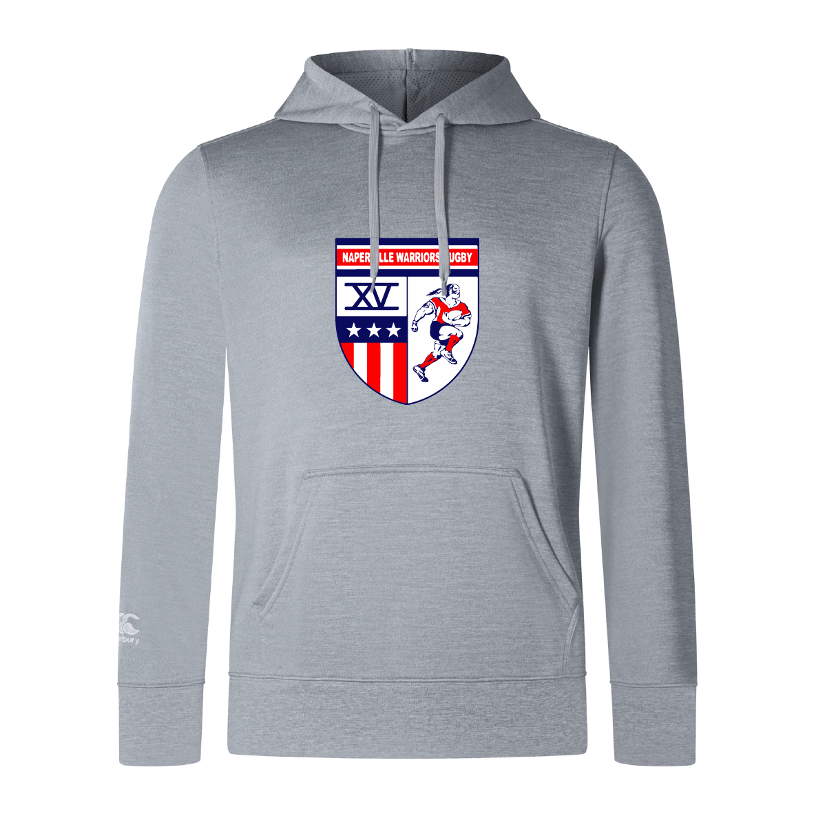 The Naperville Warriors Club Lightweight Hoodie by WRS Canterbury features a rugby-themed crest with stars, stripes, Roman numeral XV, and a player graphic on the chest—combining classic style with a unique, custom design.
