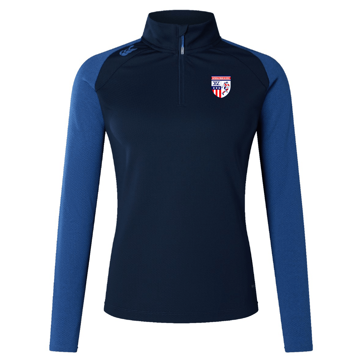 The Naperville Warriors Women's Elite First Layer by EMB Canterbury is a navy and blue long-sleeve quarter-zip top with a crest logo on the left chest, small brand logo on the right shoulder, and moisture-wicking VapoDri technology.