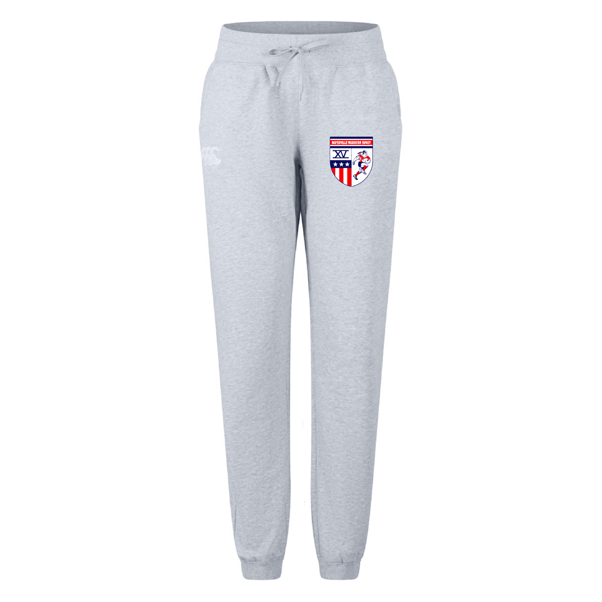 The Naperville Warriors Women's Leisure Sweatpant by EMB Canterbury features a drawstring waist, organic cotton fabric, a red, white, and blue crest on the left thigh, and a subtle white logo on the right hip.