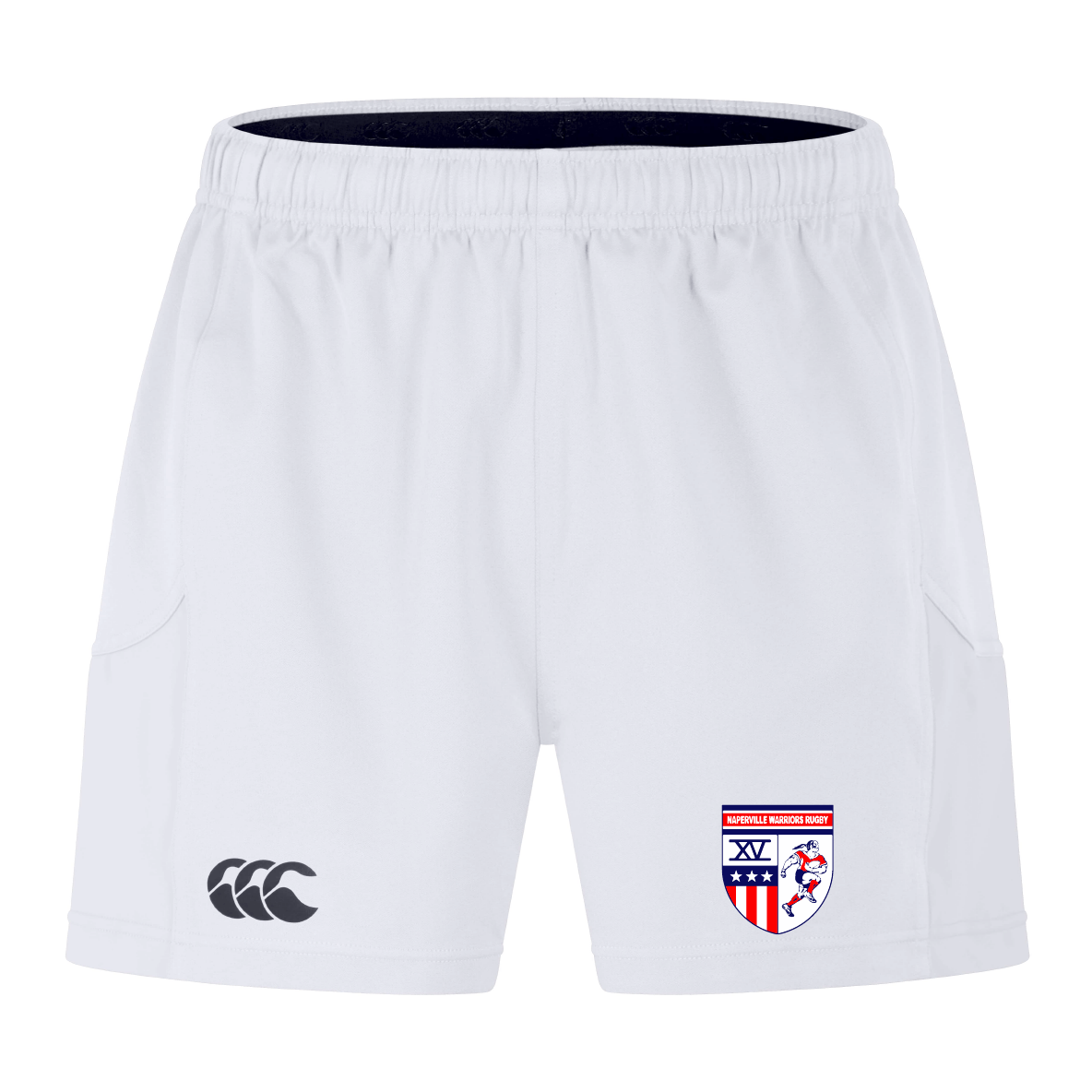 The EMB Canterbury Naperville Warriors Advantage Short 2.0 features a black CCC logo on the left leg, a red, white, and blue shield on the right leg, and is made with recycled content for top performance and sustainability.