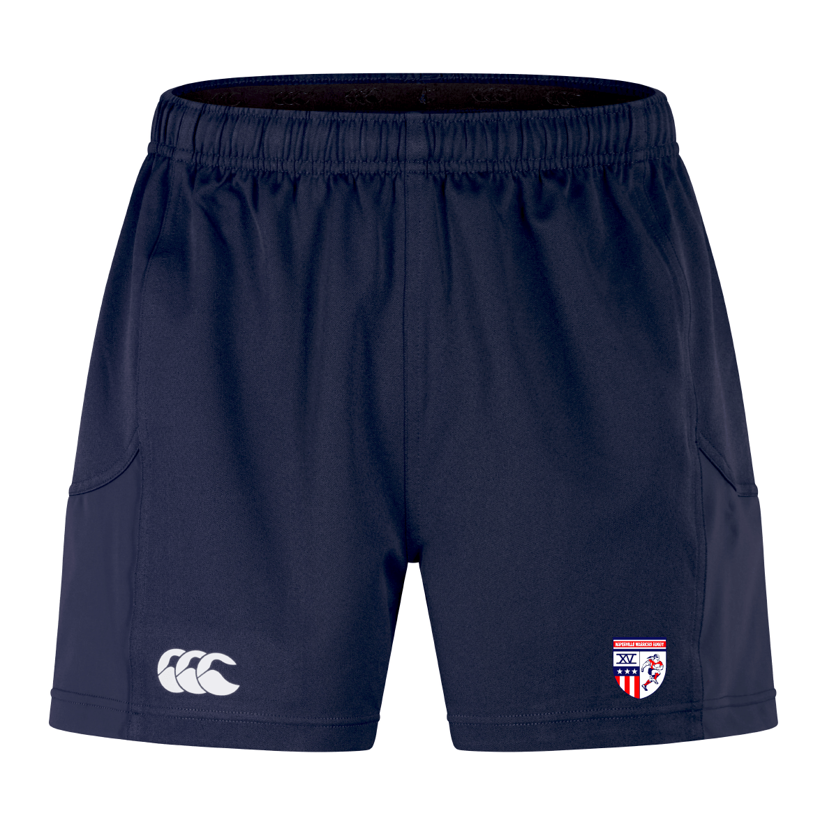 The Naperville Warriors Advantage Short 2.0 by EMB Canterbury features a navy blue design, elastic waistband, white Canterbury logo on the left leg, multi-colored crest on the right, and is crafted with recycled materials for sustainability.