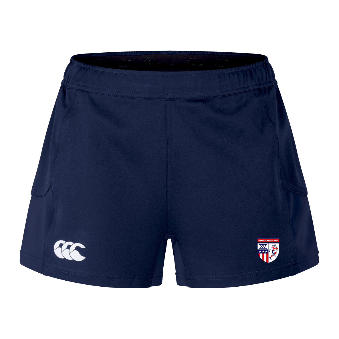 Navy blue Naperville Warriors Women's Advantage Short 2.0 by EMB Canterbury, featuring two front logos—one on the right leg and one near the left hem—for stylish, sustainable sportswear.