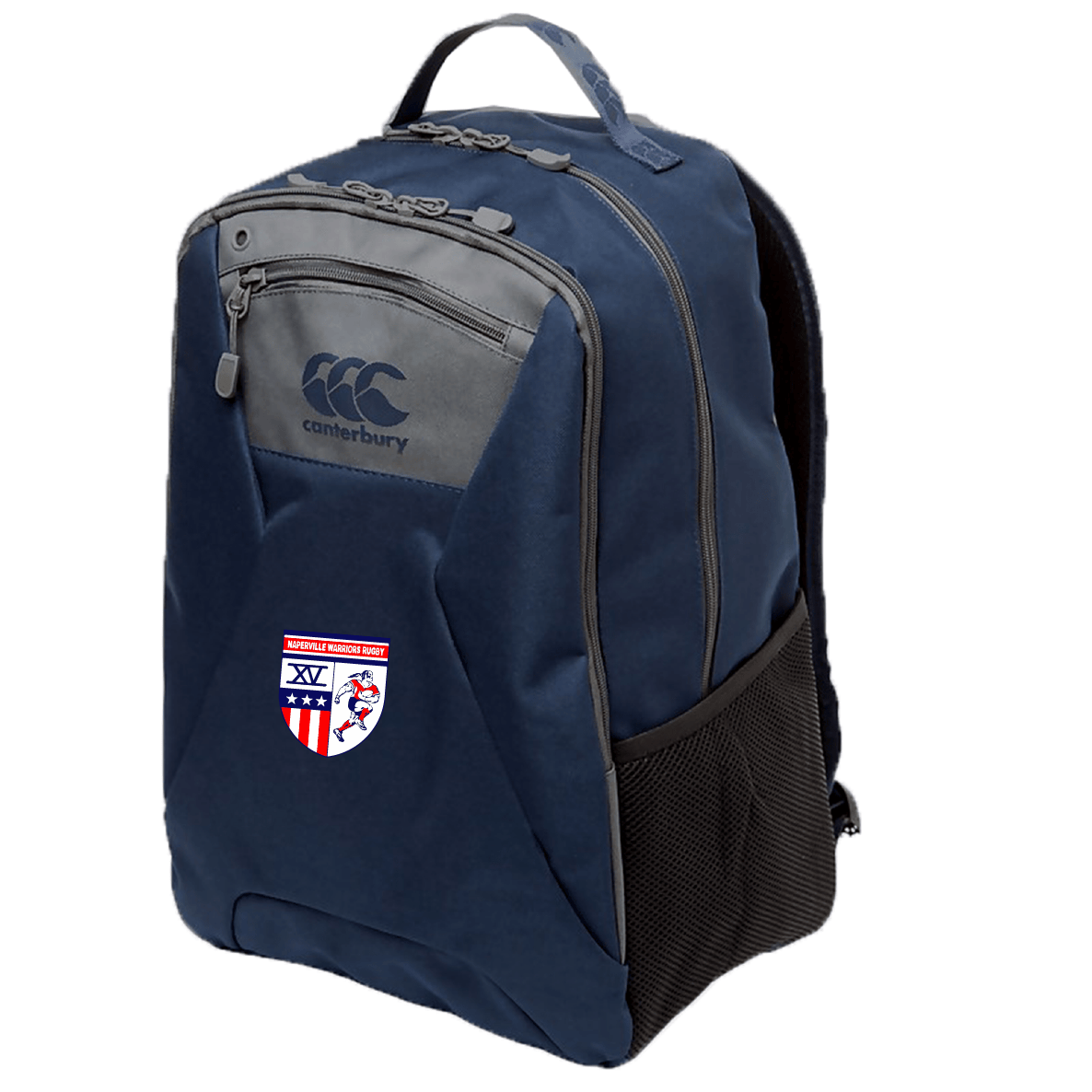 The Naperville Warriors Medium Backpack by EMB Canterbury features water-repellent fabric, ergonomic shoulder straps, a front zip pocket, mesh side pocket, and a rugby logo patch on the front.