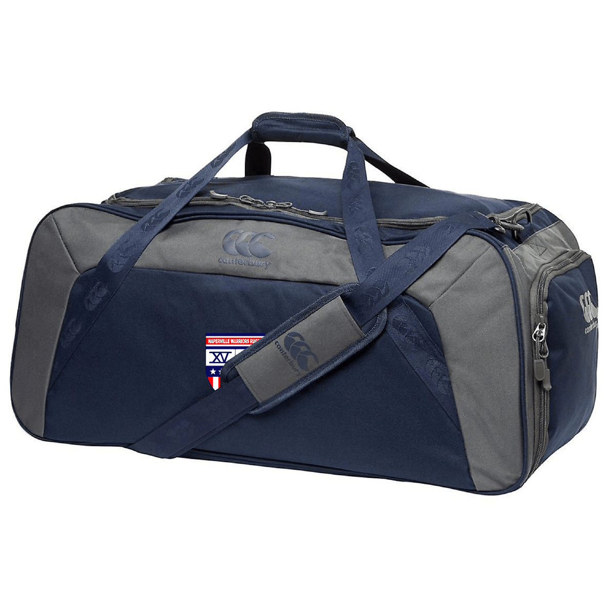 The Naperville Warriors Holdall Duffle Bag by EMB Canterbury features navy and gray water-repellent fabric, handles, an adjustable shoulder strap, zippered compartments, and a small England rugby logo on the side.