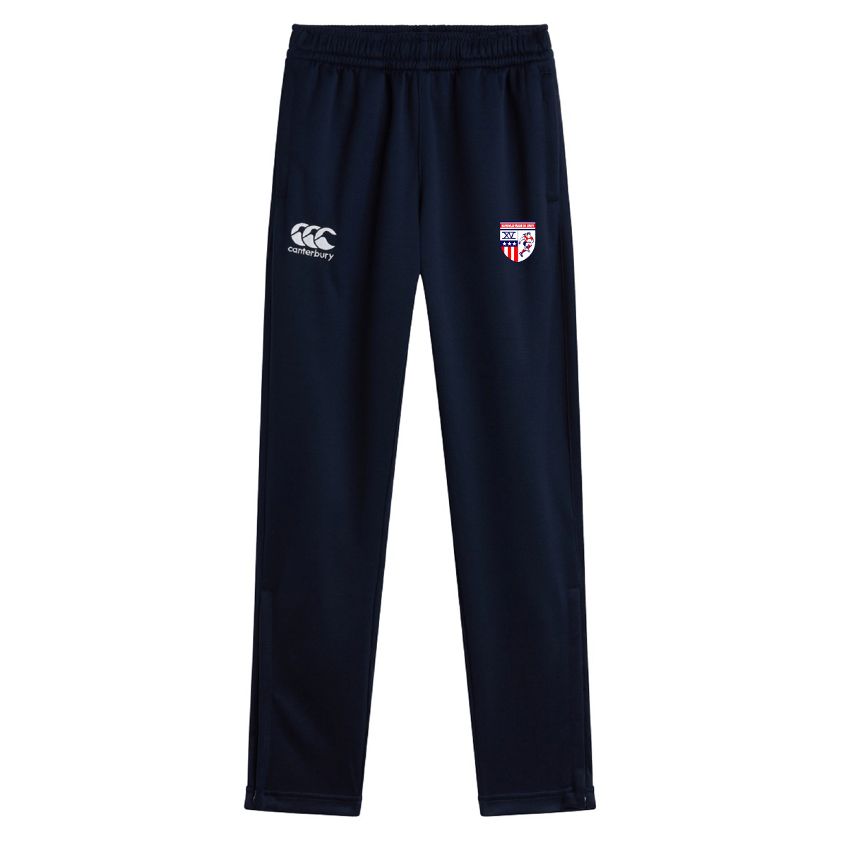 The Naperville Warriors Stretch Tapered Pant by EMB Canterbury features an elastic waistband, navy blue fabric, a white Canterbury logo on one leg, and a shield emblem on the other—ideal workout pants for active lifestyles.