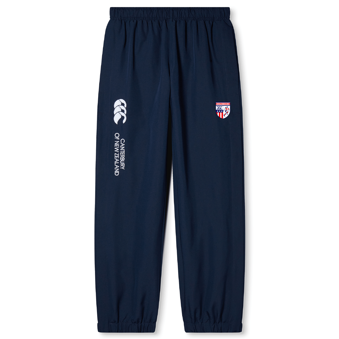 The Naperville Warriors Cuffed Hem Stadium Pant by EMB Canterbury features an elastic waistband and ankles, with logo and crest details—perfect for rugby fans.