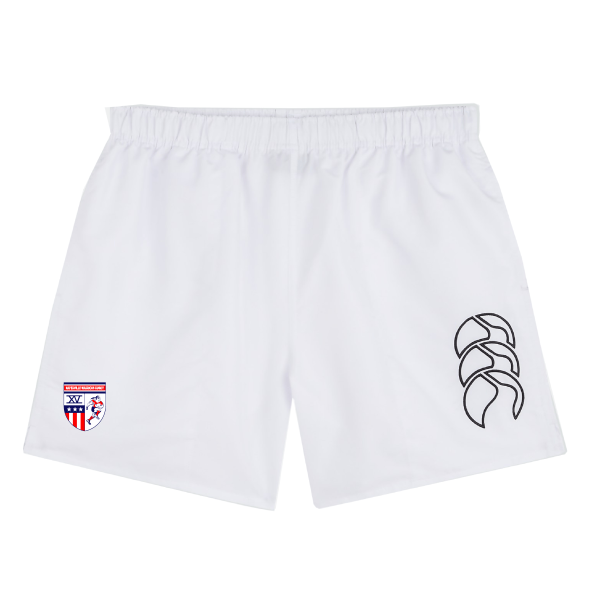 The Naperville Warriors Tactic Short by EMB Canterbury features a black logo on the right leg, a red, white, and blue shield crest on the left, and an elasticated waistband for comfort on and off the rugby pitch.