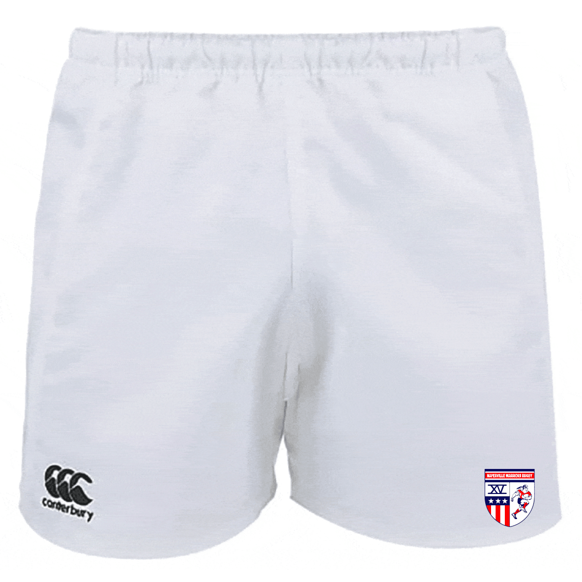 Naperville Warriors Advantage Rugby Shorts by EMB Canterbury feature moisture-wicking white fabric, the Canterbury Rugby logo on the left leg, and a Naperville Warriors team crest on the right leg.