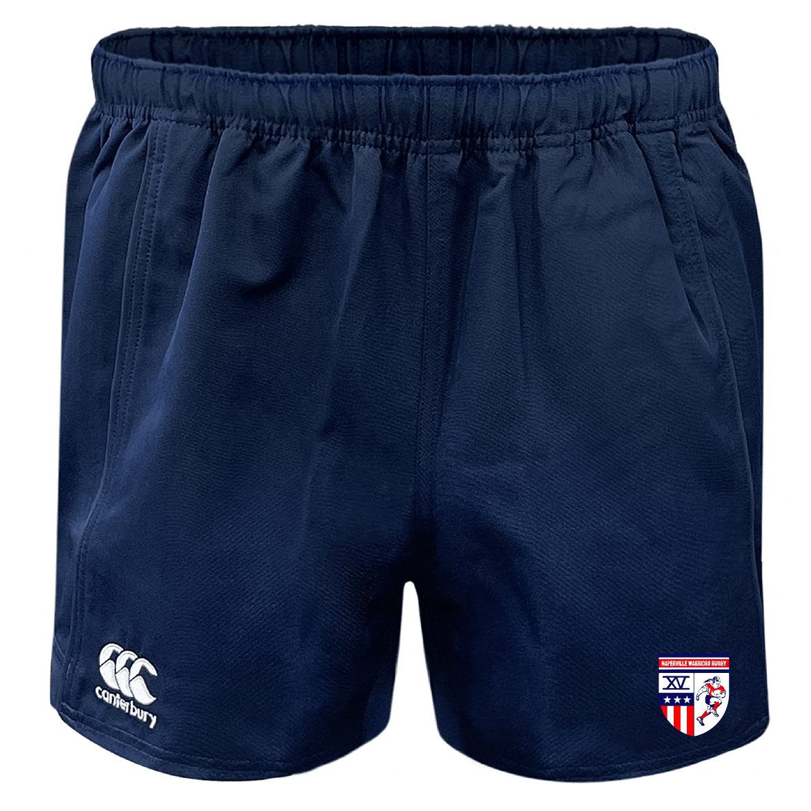 The Naperville Warriors Professional Polyester Rugby Short by EMB Canterbury features a navy blue design, elastic waistband, Canterbury logo on the left leg, team crest on the right leg, and durable polyester construction.