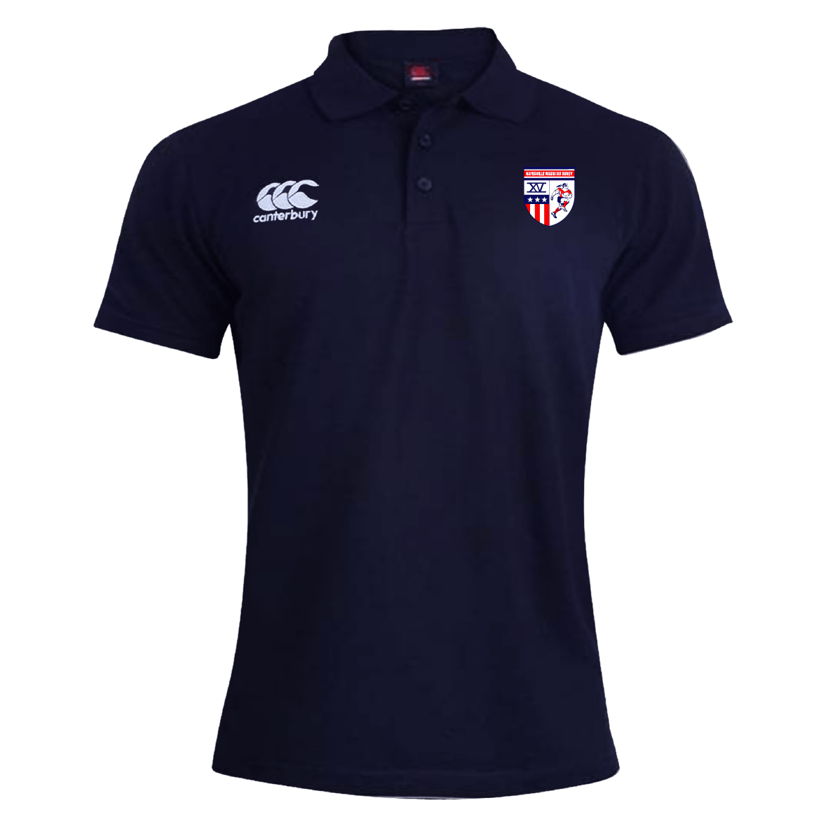 The Naperville Warriors Waimak Polo by EMB Canterbury is a navy blue Rugby Polo made from a soft cotton-polyester blend, featuring the Canterbury logo on the right chest and a multicolored crest on the left.