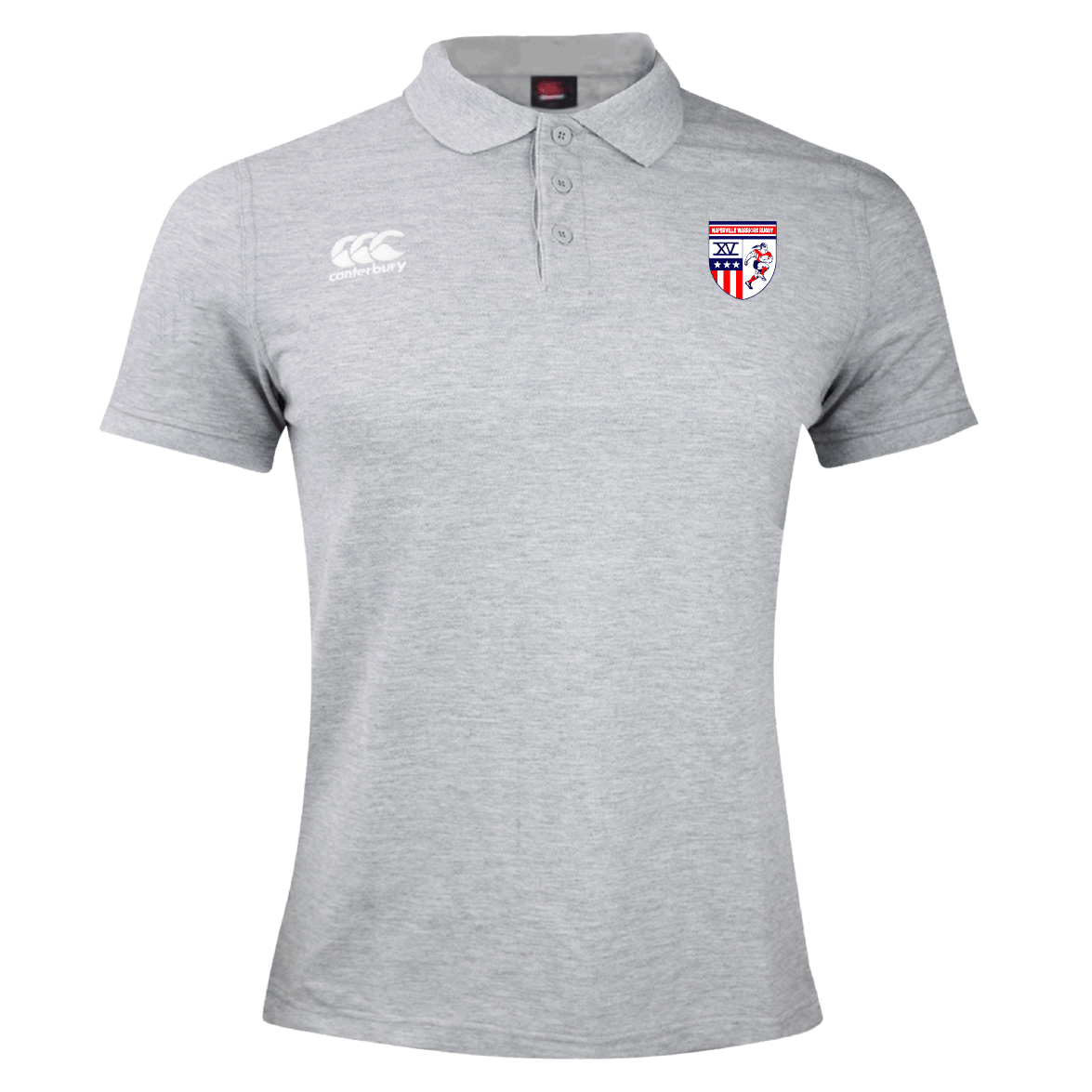 The Naperville Warriors Waimak Polo by EMB Canterbury is a light gray short-sleeved polo with a collar, made from a cotton-polyester blend. Features the Canterbury logo on the right chest and crest badge on the left.