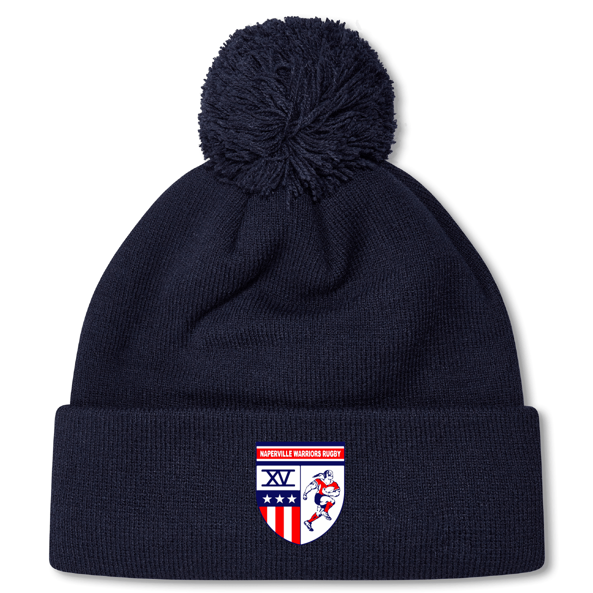 The Naperville Warriors Pom Pom Beanie by Canterbury is a navy fleece-lined hat with a pom-pom and front logo patch—a cozy, customized winter accessory from EMB Canterbury.