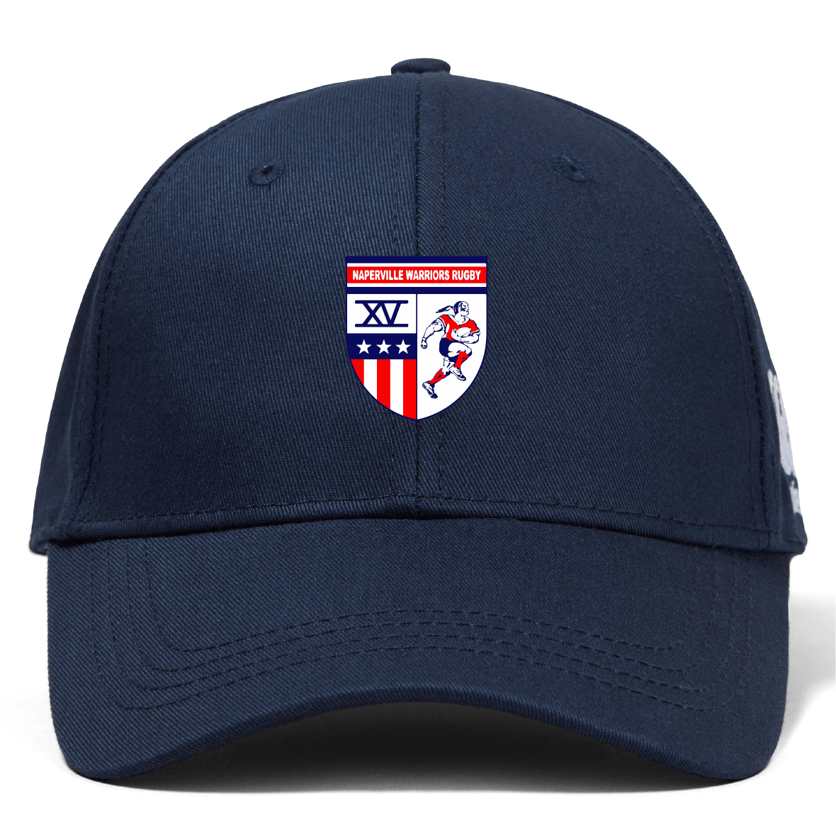 The Naperville Warriors Flexfit Drill Cap by Canterbury from EMB Canterbury features a navy blue design, curved brim, and the team’s embroidered logo on the front.