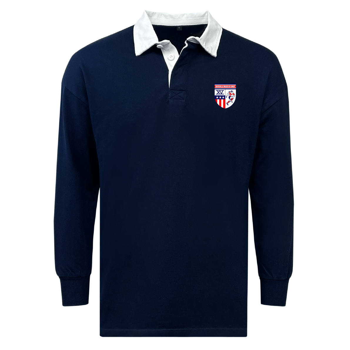 The EMB Mudoo Naperville Warriors Classic Long Sleeve Solid Rugby Jersey features a navy blue design, white collar, shield-shaped crest on the left chest, and is made from a comfortable cotton/poly blend.