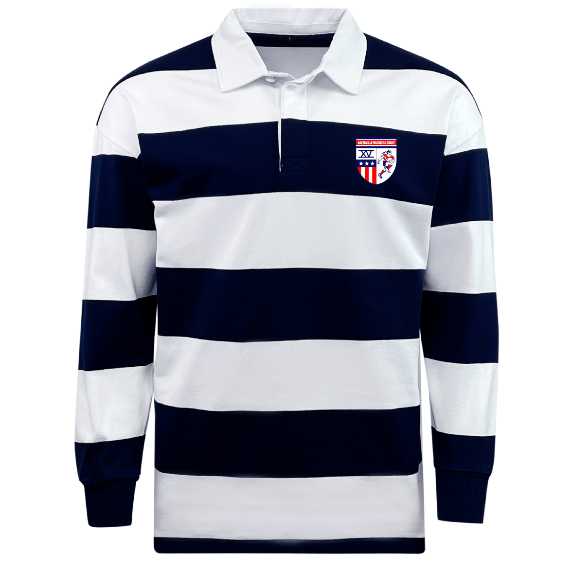 The EMB Mudoo Naperville Warriors Classic Long Sleeve Hooped Rugby Jersey features wide navy and white stripes, a white collar, and a left-chest crest—ideal for stylish leisurewear.