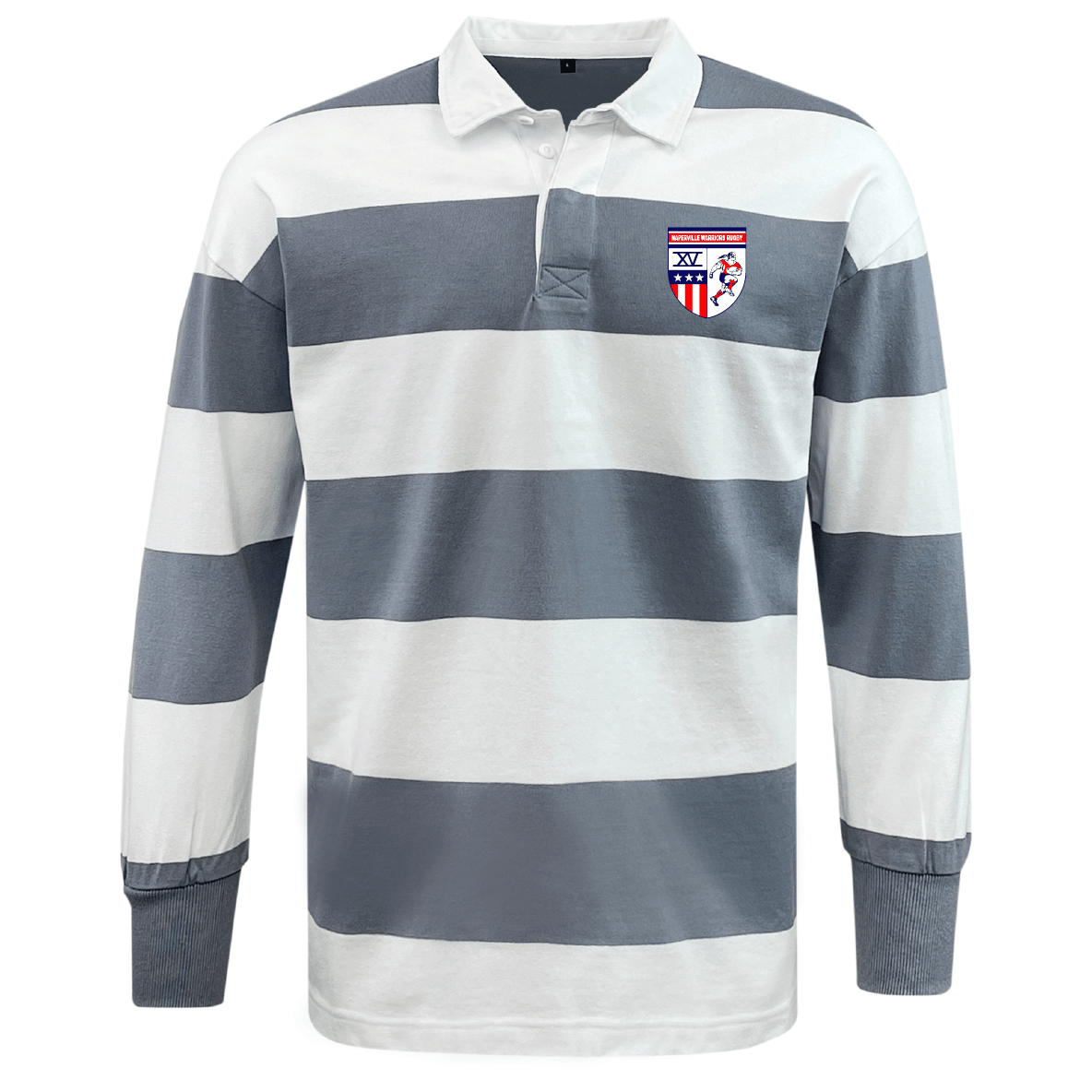 The EMB Mudoo Naperville Warriors Classic Long Sleeve Hooped Rugby Jersey features bold grey and white stripes, a crisp white collar, and a sports crest on the chest—ideal for timeless style in your leisurewear collection.