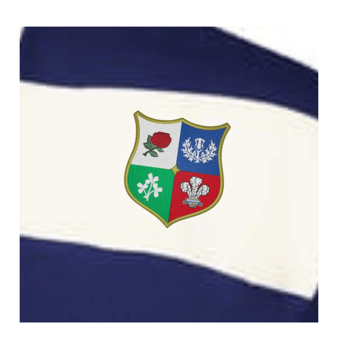 The EMB Augusta Women's Vintage British & Irish Lions Prep Street Rugby Crop features a shield crest with rose, thistle, shamrock, and feathers on blue and white stripes—ideal for fans of classic rugby style.