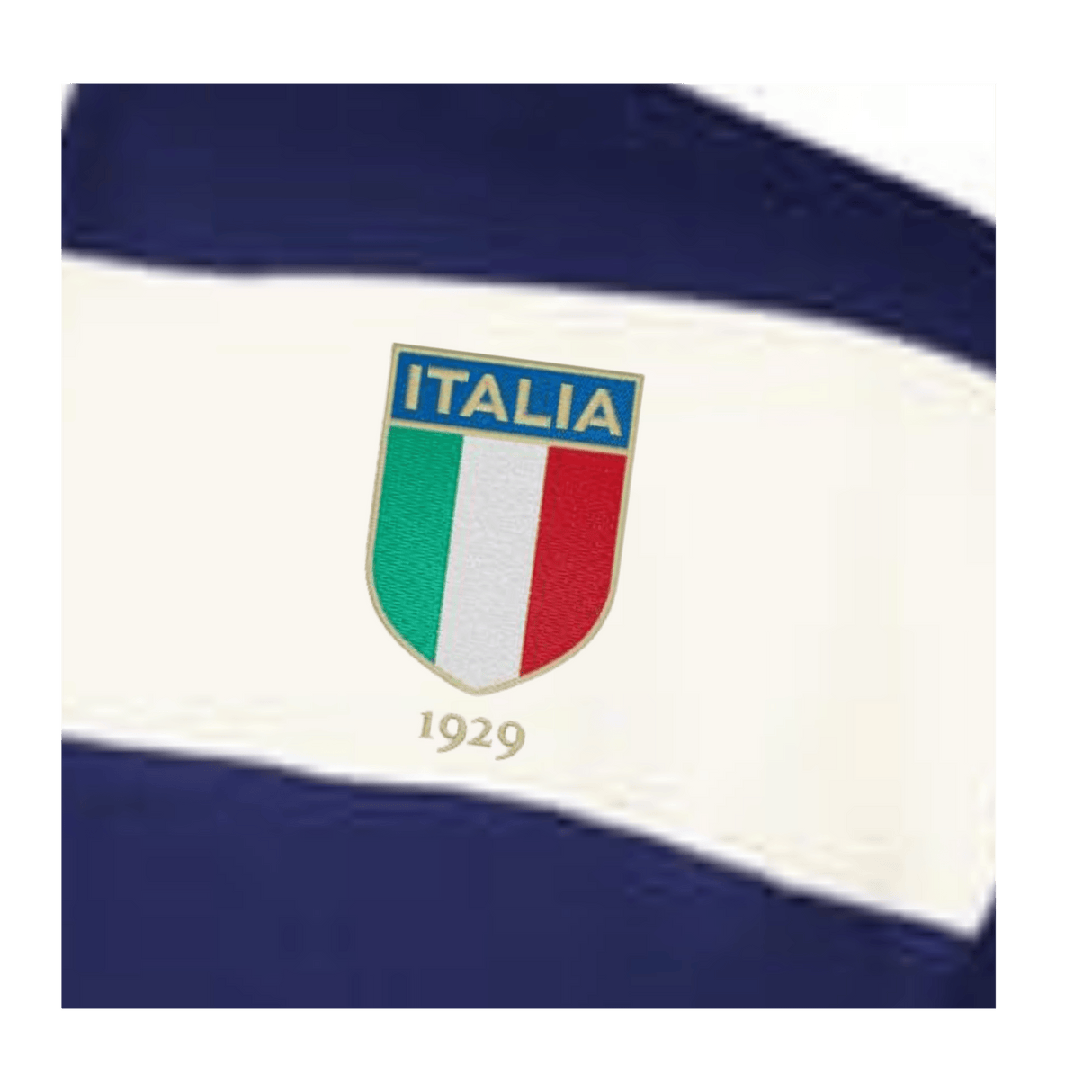 The EMB Augusta Women's Vintage Italy Prep Street Rugby Crop features an embroidered Italia crest with green, white, and red stripes and "1929" below on navy and white stripes—perfect for a classic collared rugby shirt look.