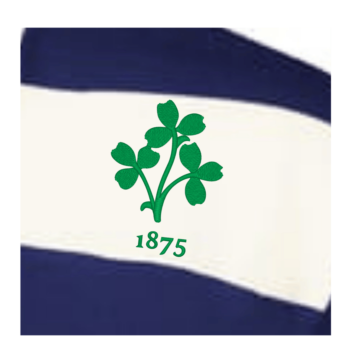 A green shamrock and 1875 on a white stripe, bordered by navy blue—classic details on the Women's Vintage Ireland Prep Street Rugby Crop by EMB Augusta.