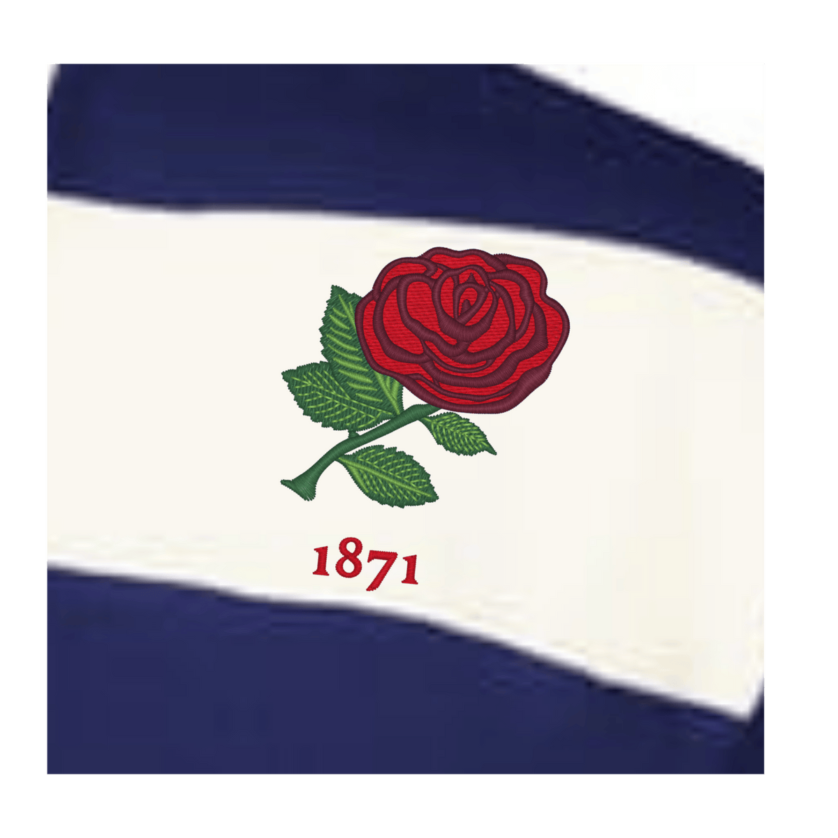 The EMB Augusta Women's Vintage England Prep Street Rugby Crop features a red rose with green leaves and "1871" below, set on a white and navy striped background—perfect for classic preppy streetwear style.