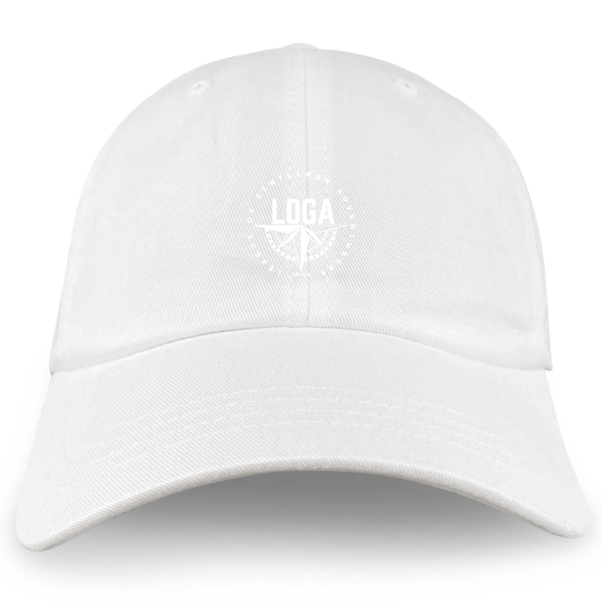 The League of Gentleman Adventurers Adult Low-Profile Cotton Twill Dad Cap by EMB S&S Activewear features a small circular logo and "LOGA" embroidered on the front, crafted from classic white cotton twill.